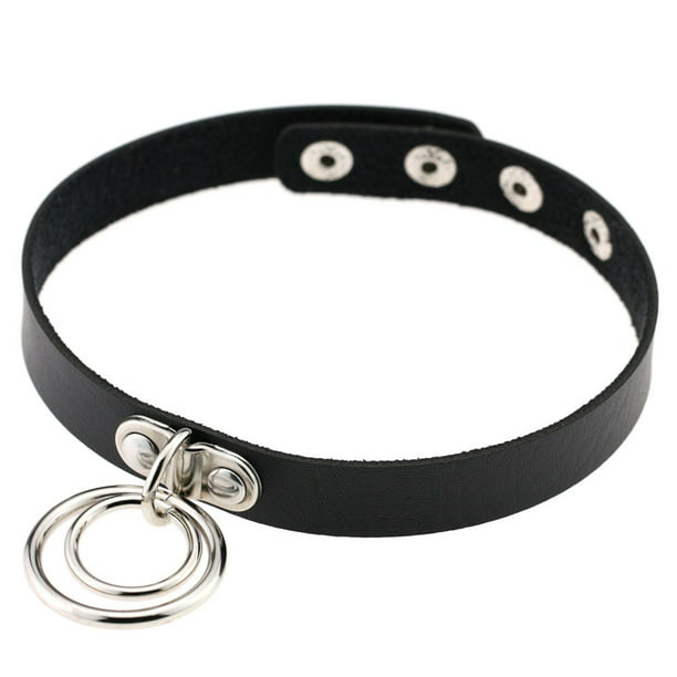 Punk Handmade Black Leather Choker Collar Necklace w Silver Tone Round Hoop